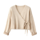 Beige V-Neck Wrap Tie Puff Sleeve Cropped Cardigan