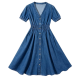 Blue Denim V-Neck Button-Front Smocked Waist Midi Dress