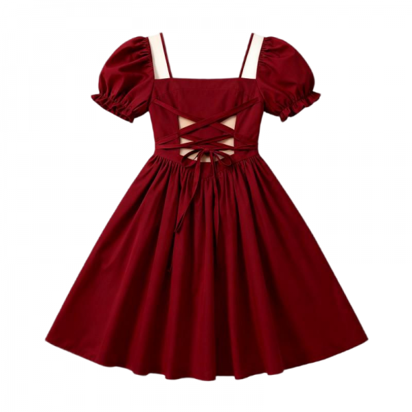 Burgundy Square Neck Puff Sleeve Cutout Tie-Back Mini Dress