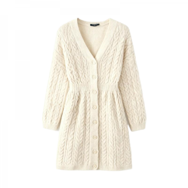 Cream Chunky Cable Knit V-Neck Midi Cardigan Dress