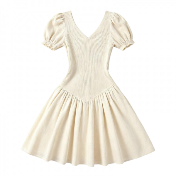 Cream Ribbed Knit V-Neck Puff Sleeve Fit & Flare Dress