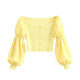 Yellow Ribbed Square Neck Puff Sleeve Crop Cardigan