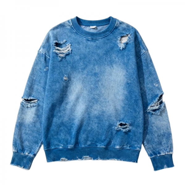 Blue Tie-Dye Distressed Oversized Crew Neck Sweatshirt
