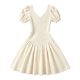 Cream Ribbed Knit V-Neck Puff Sleeve Fit & Flare Dress