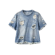 Light Blue Distressed Denim Cropped Short Sleeve Tee