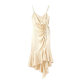 Beige Satin Spaghetti Strap Ruched Asymmetrical Midi Dress