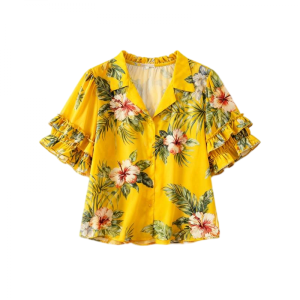 Yellow Tropical Floral Print Ruffled Short Sleeve Blouse