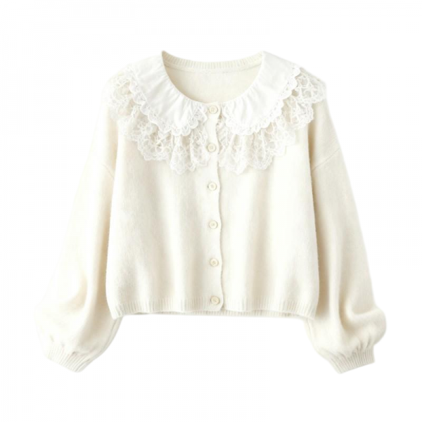 White Lace Collar Button-Front Puff Sleeve Cropped Cardigan