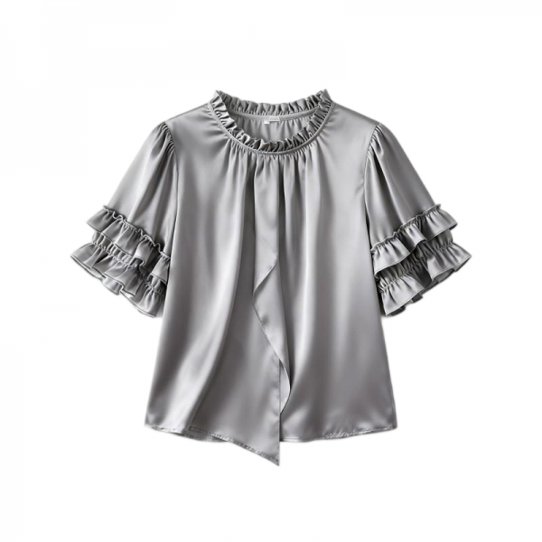 Gray Satin Ruffled Mock Neck Asymmetrical Short Sleeve Blouse